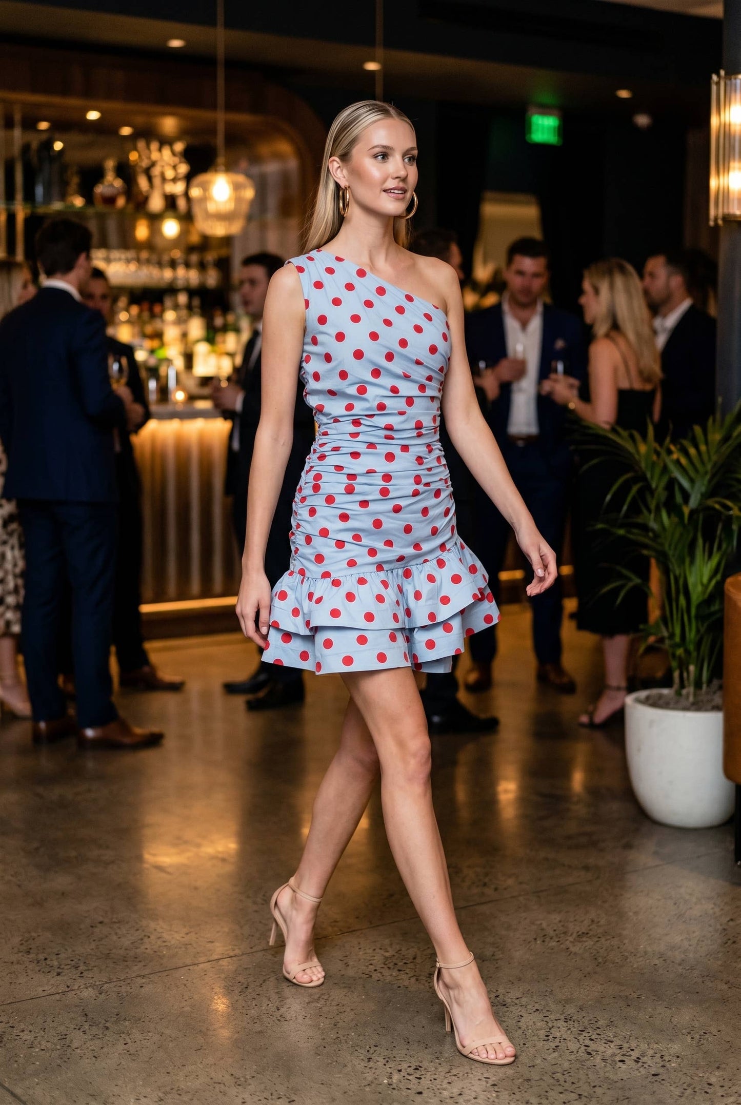 Asymmetrical Ruffle hem Dot One Shoulder Mini Dress