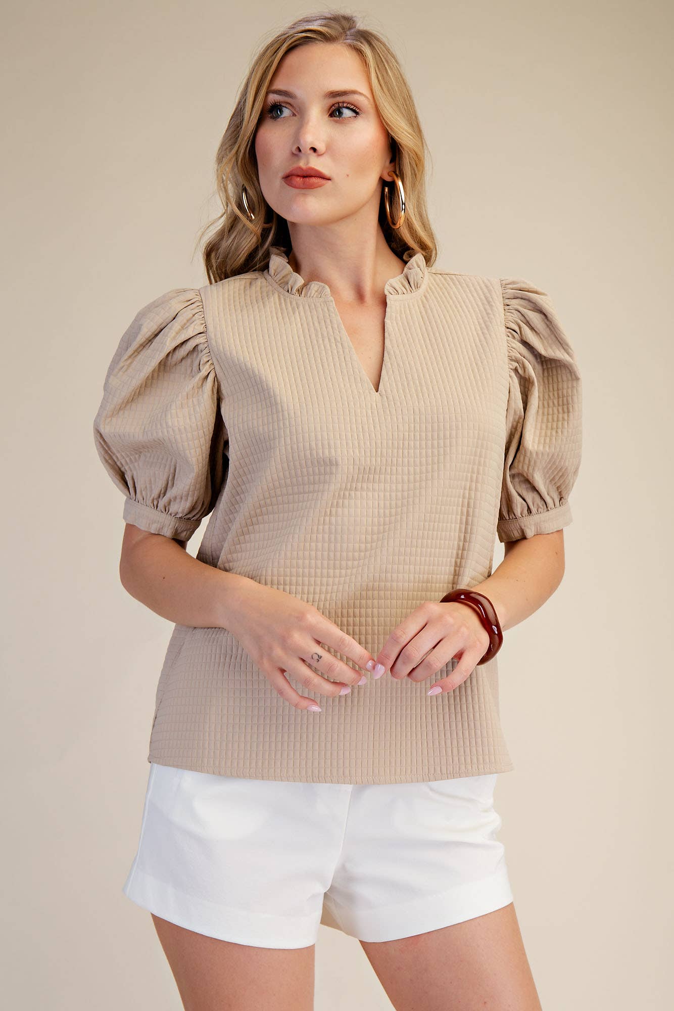 Ruffle V-Neck Puff Sleeve Top