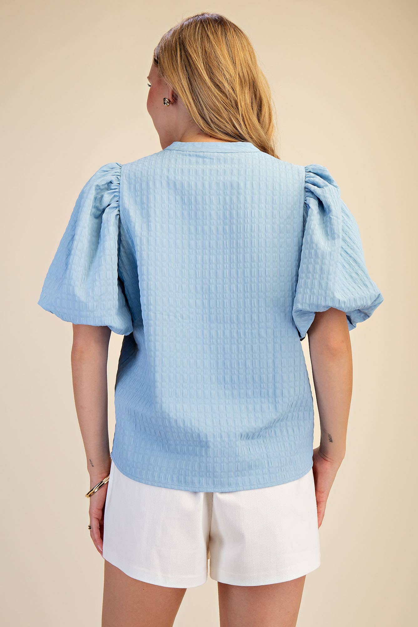 V-Neck Puff-Sleeve Textured Top