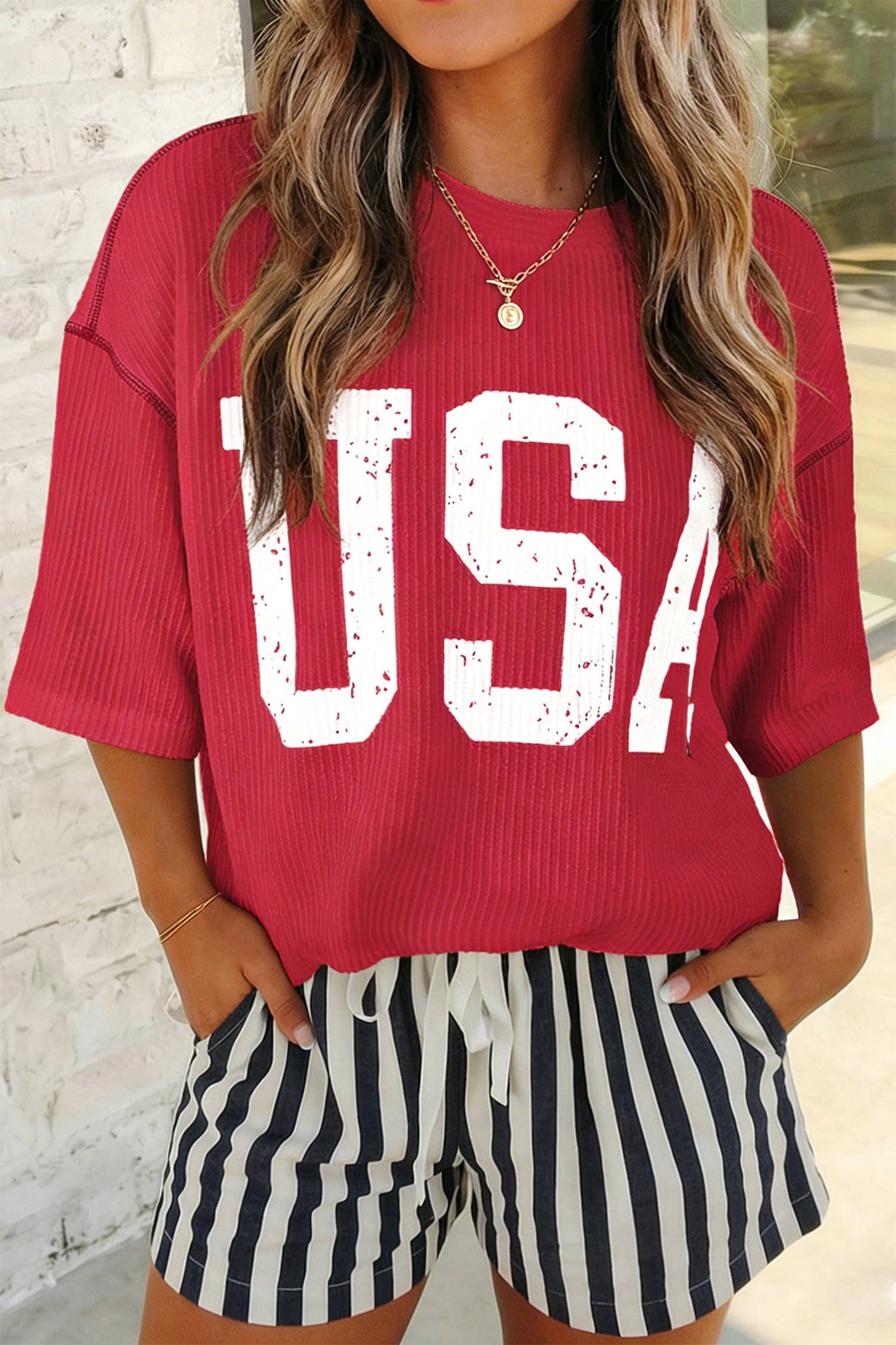 USA Graphic Half Sleeve Ribbed Top