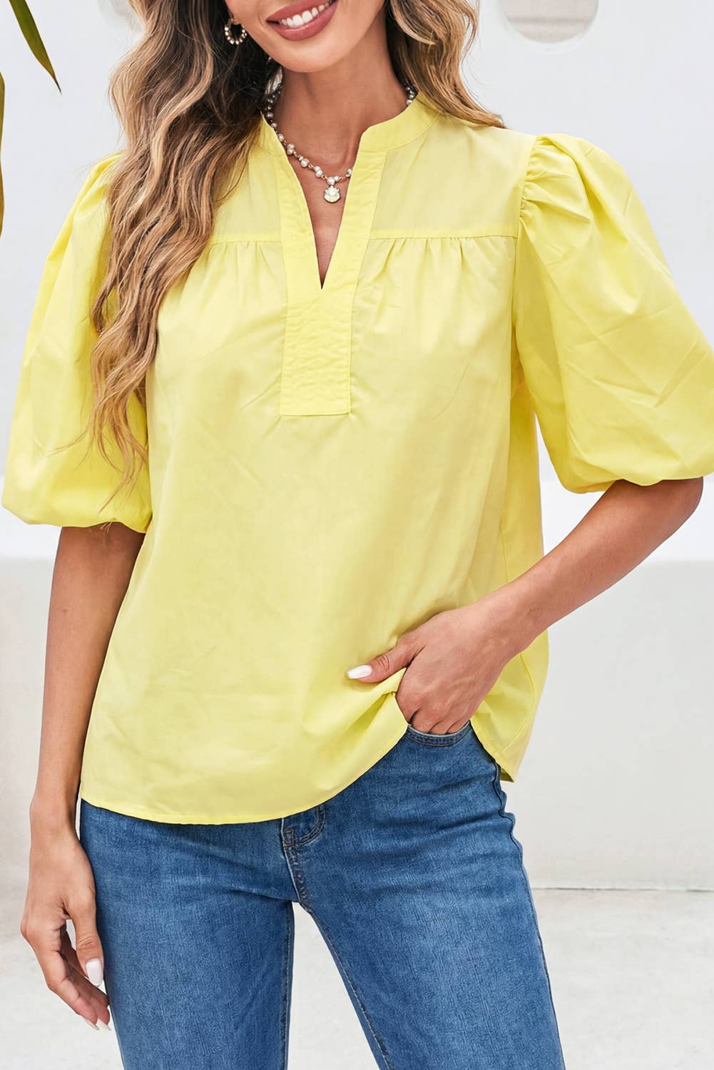 Yellow V Neck Puffy Sleeve Blouse