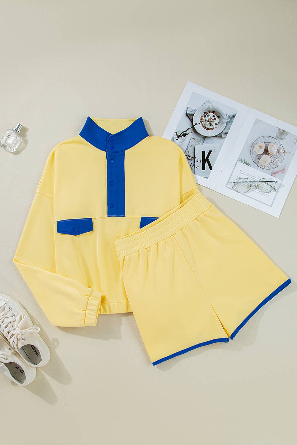 Block Patched Half Button Top and Shorts