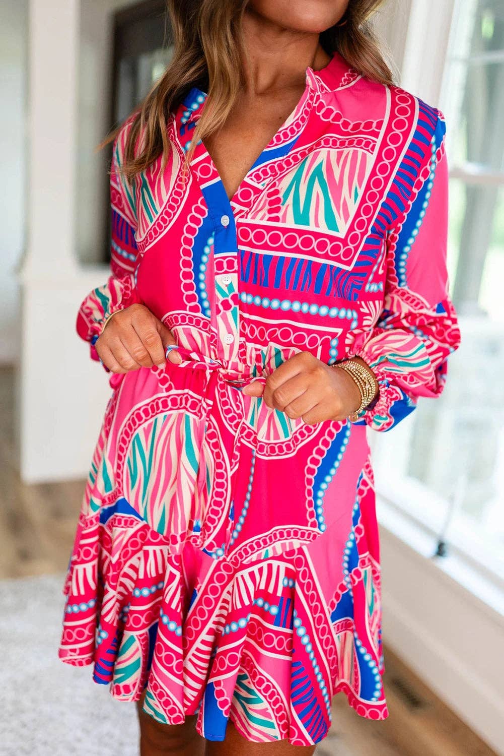 Rose Boho Abstract Puff Ruffled Mini Dress
