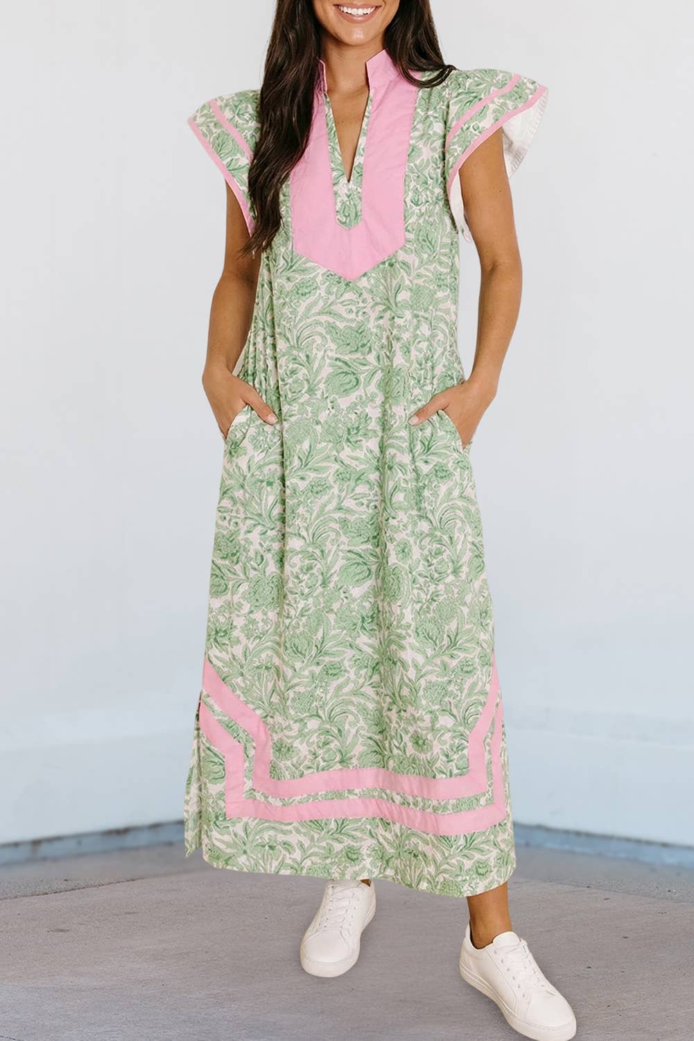 Pink V Neck Short Sleeve Midi Dress