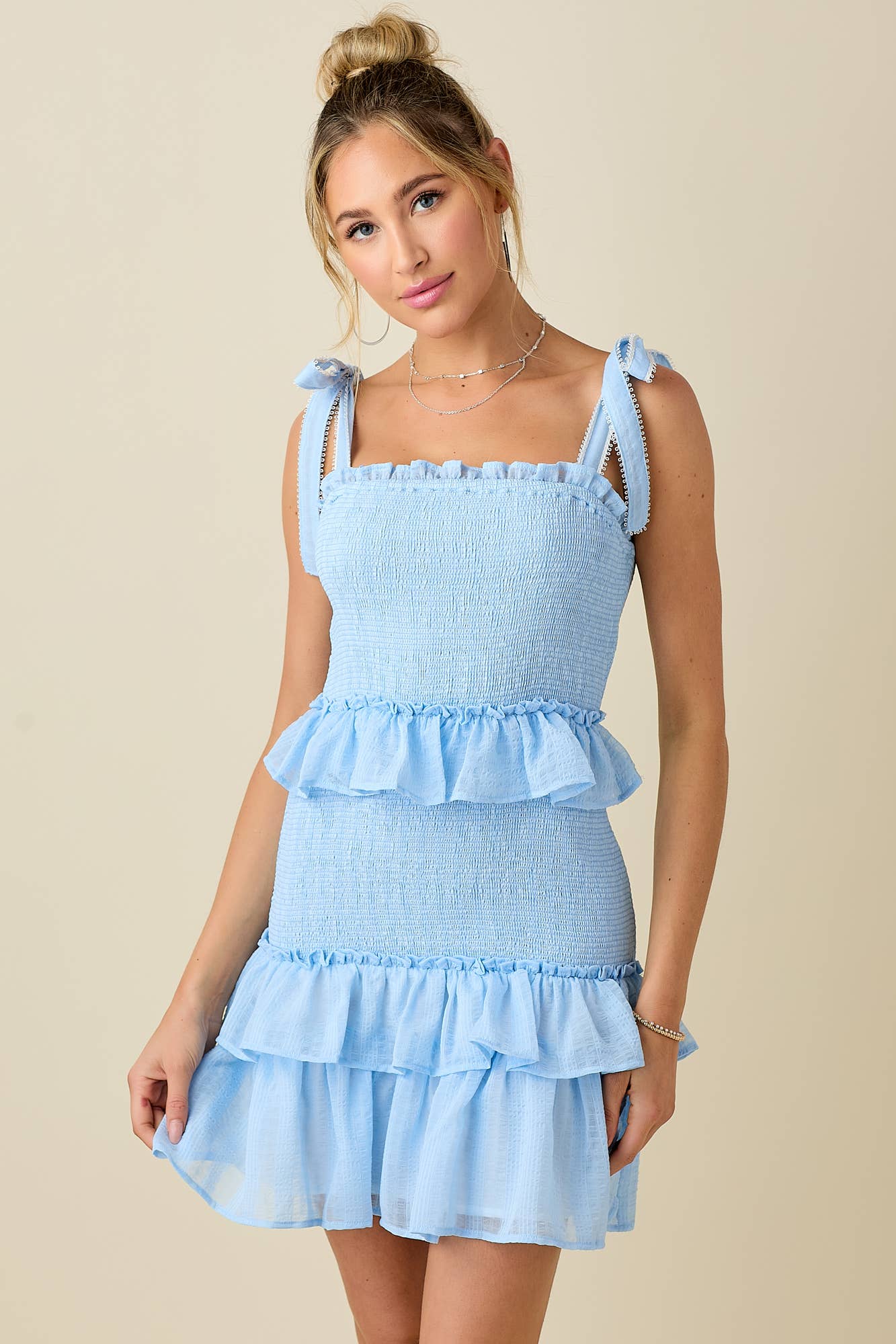 Jacquard smocked ruffled  mini dress