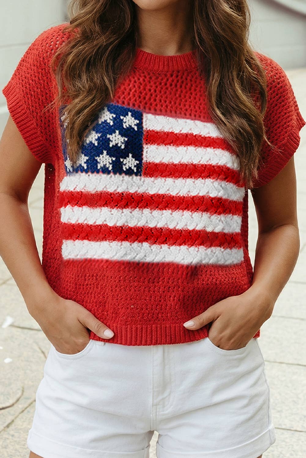 4th of July Flag  Short Sleeve Sweater Top