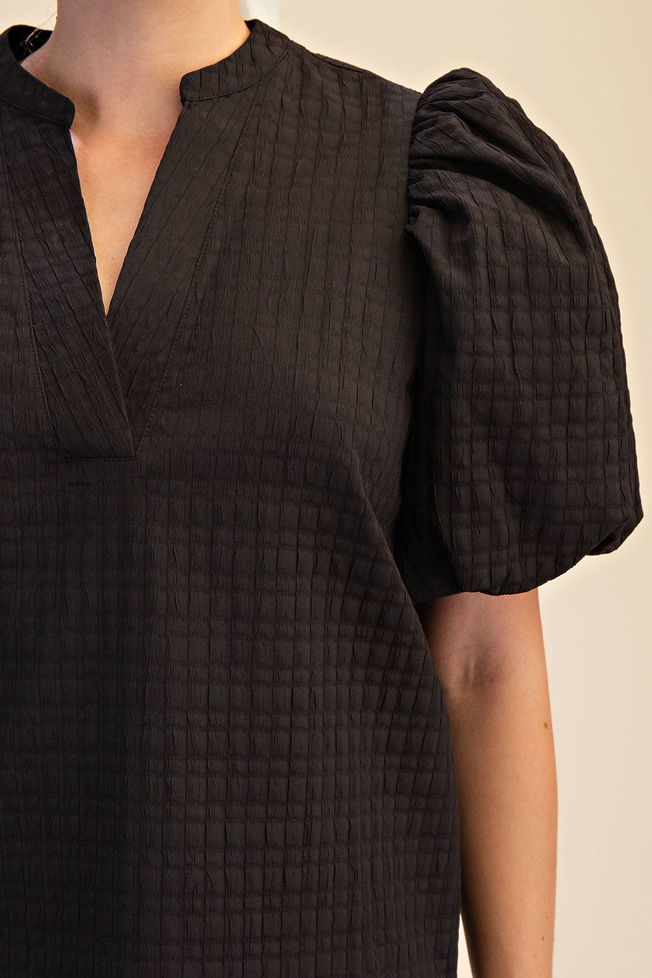 V-Neck Puff-Sleeve Textured Top