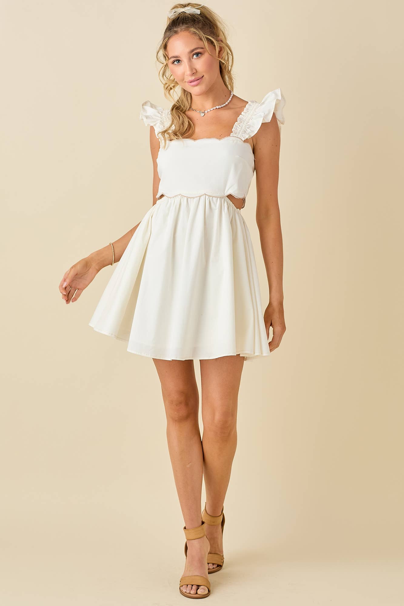 Scallop mini dress ruffled shoulder