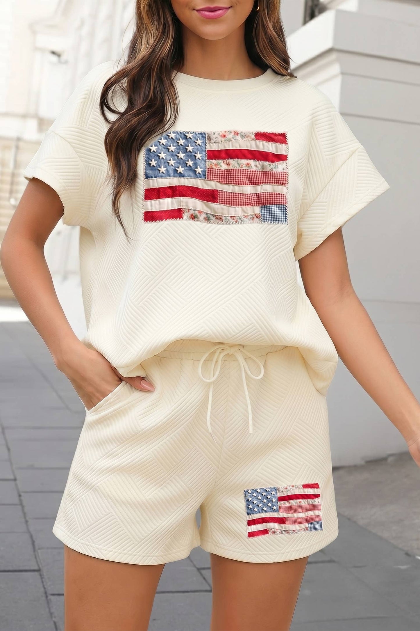 Textured USA Flag Graphic 2pcs Shorts Set