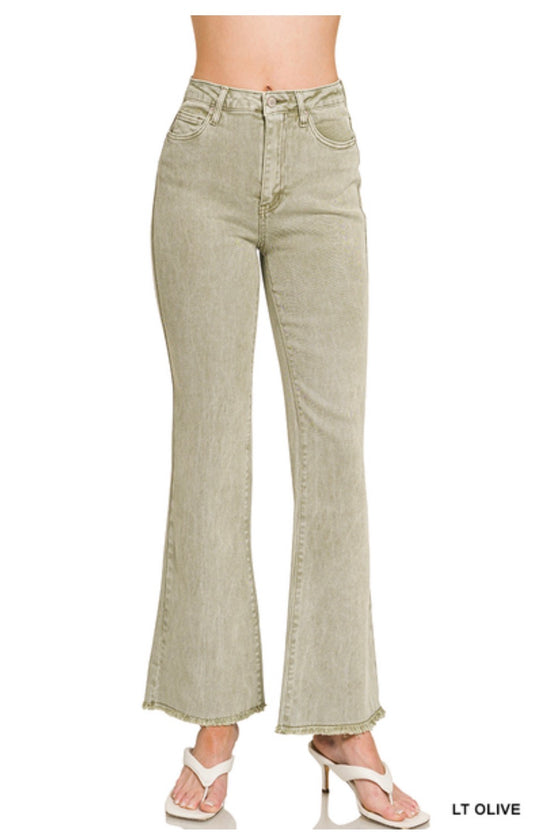 Acid Washed Frayed Cutoff Hem Straight Wide Pants-Light Olive