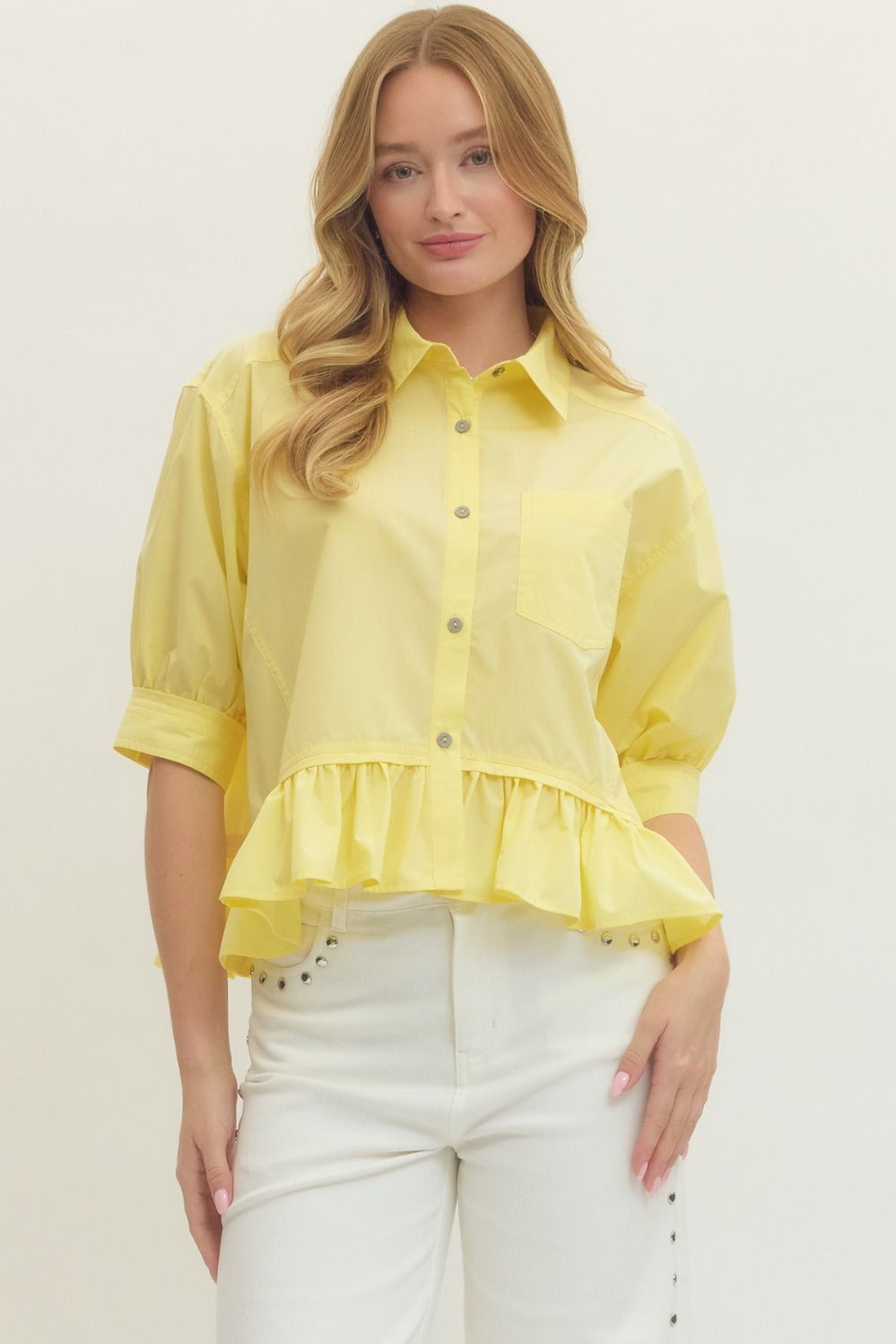 Solid Short Sleeve Button Top-Yellow