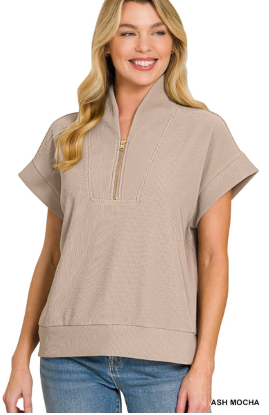 Ribbed High Neck Half Zip Top-Ash Mocha