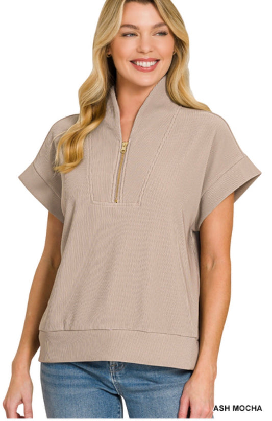Ribbed High Neck Half Zip Top-Ash Mocha