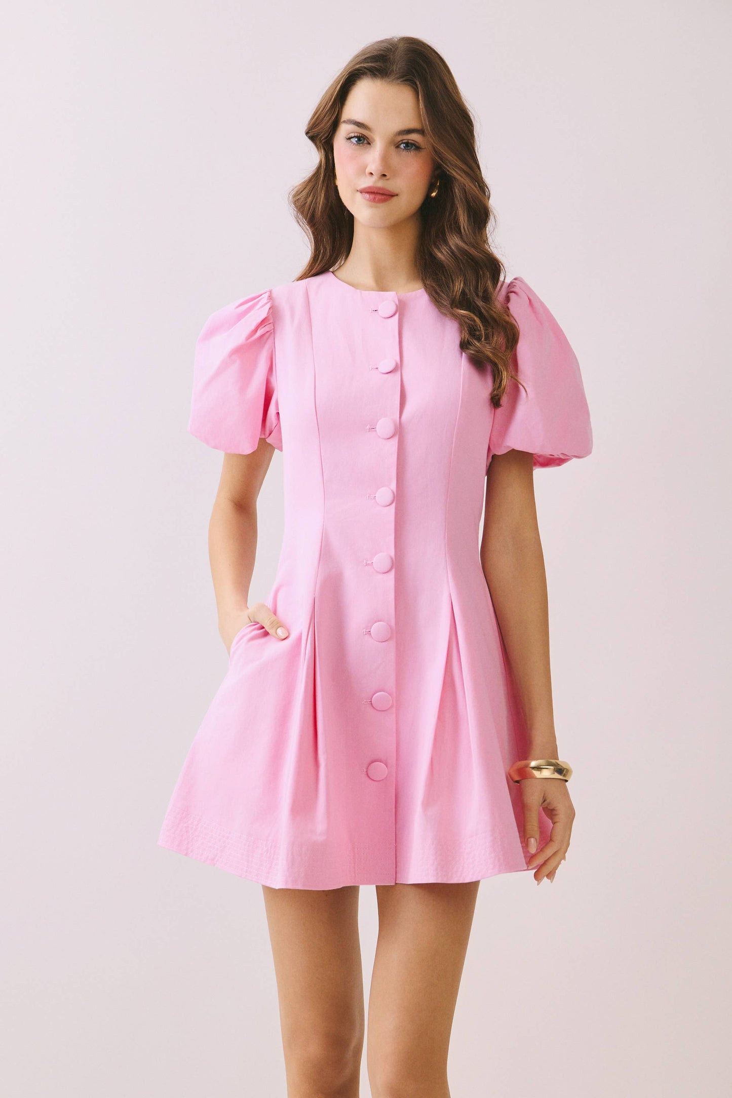 Voluminous Puff Sleeves Covered Button Down Dress