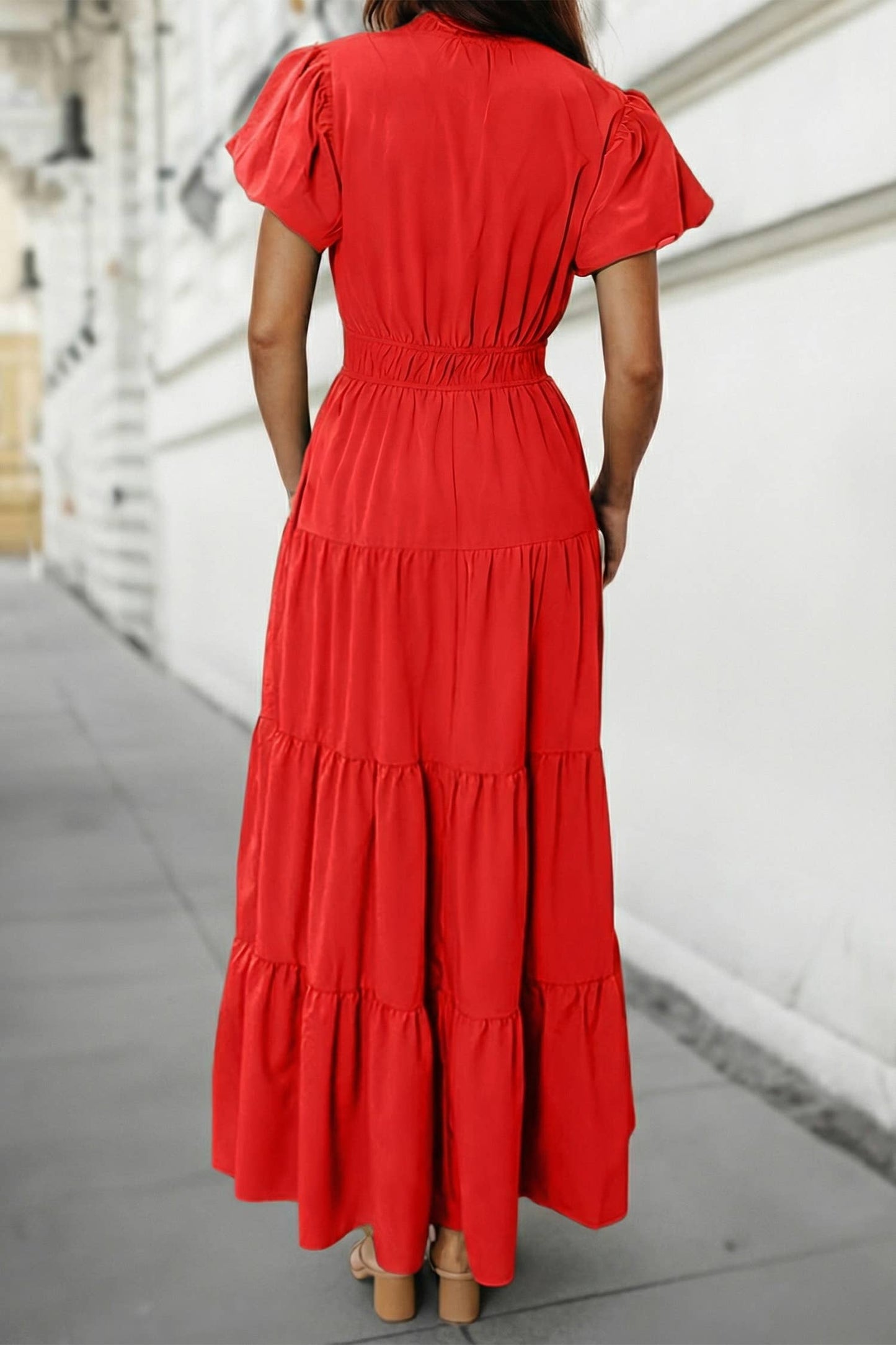 Green V Neck Puff Sleeve Maxi Dress