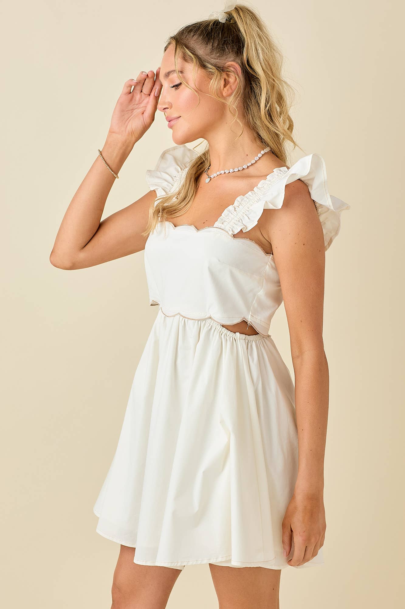 Scallop mini dress ruffled shoulder