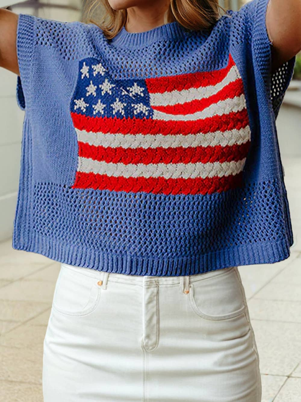 4th of July Flag  Short Sleeve Sweater Top