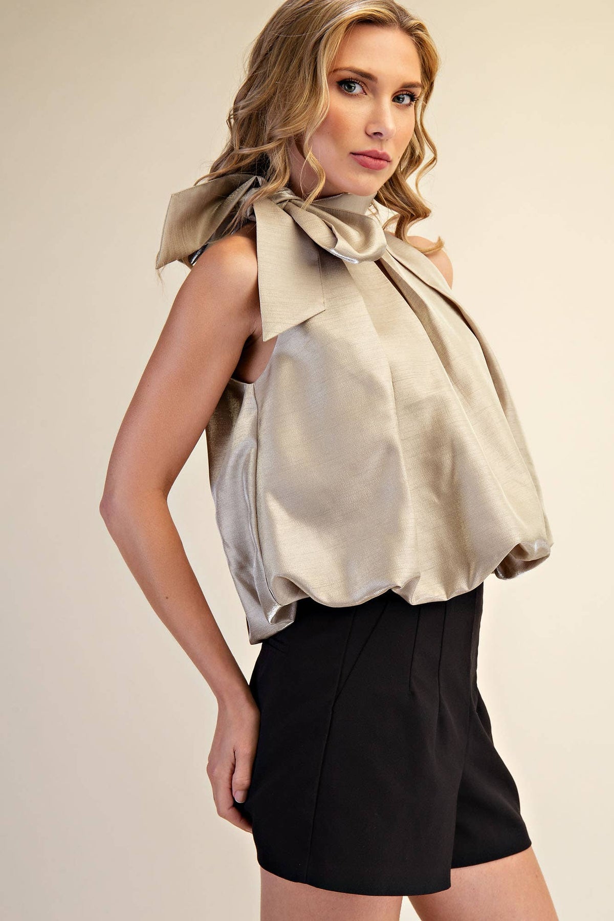 High Neck Tie Wrap Balloon Sleeveless Top