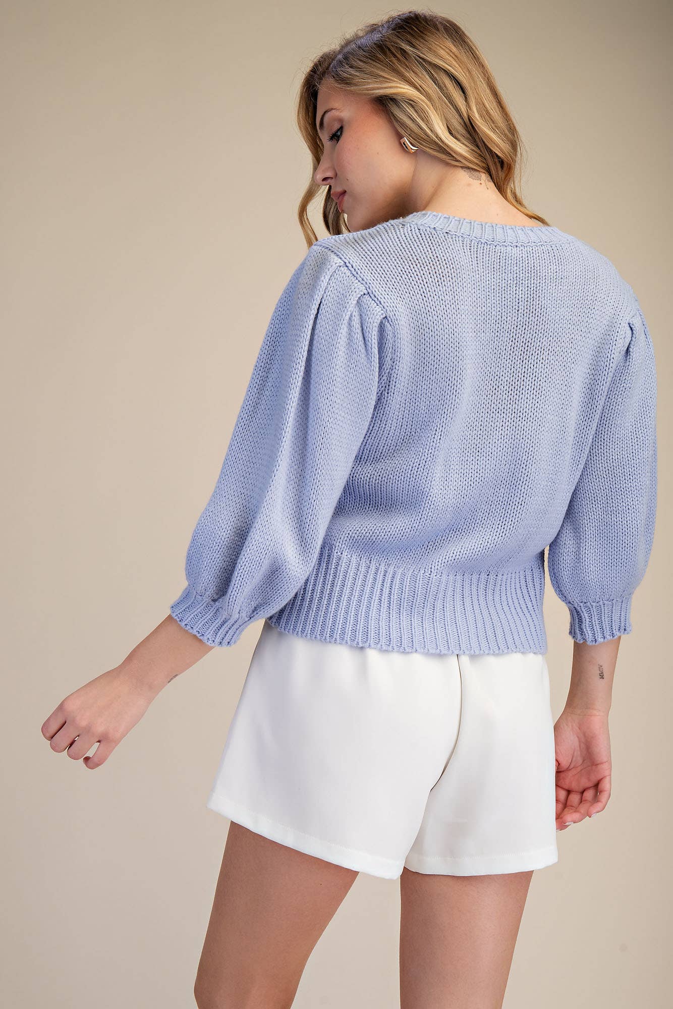 Short Puff Sleeve Button Down Sweater