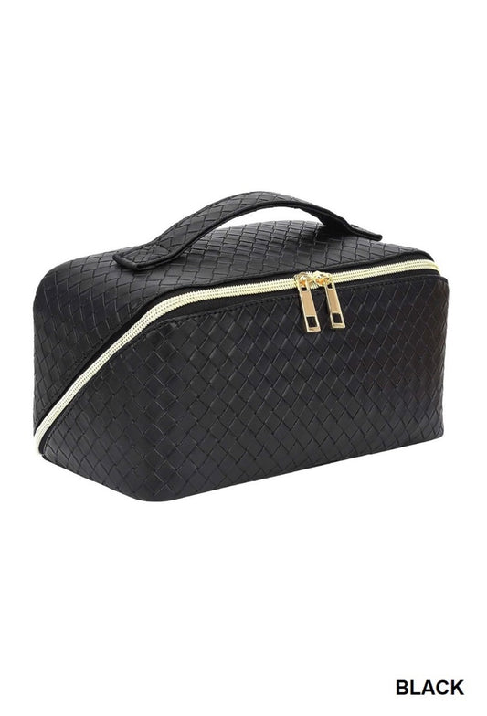Woven Vegan Leather Cosmetic Makeup Travel Bag-Black