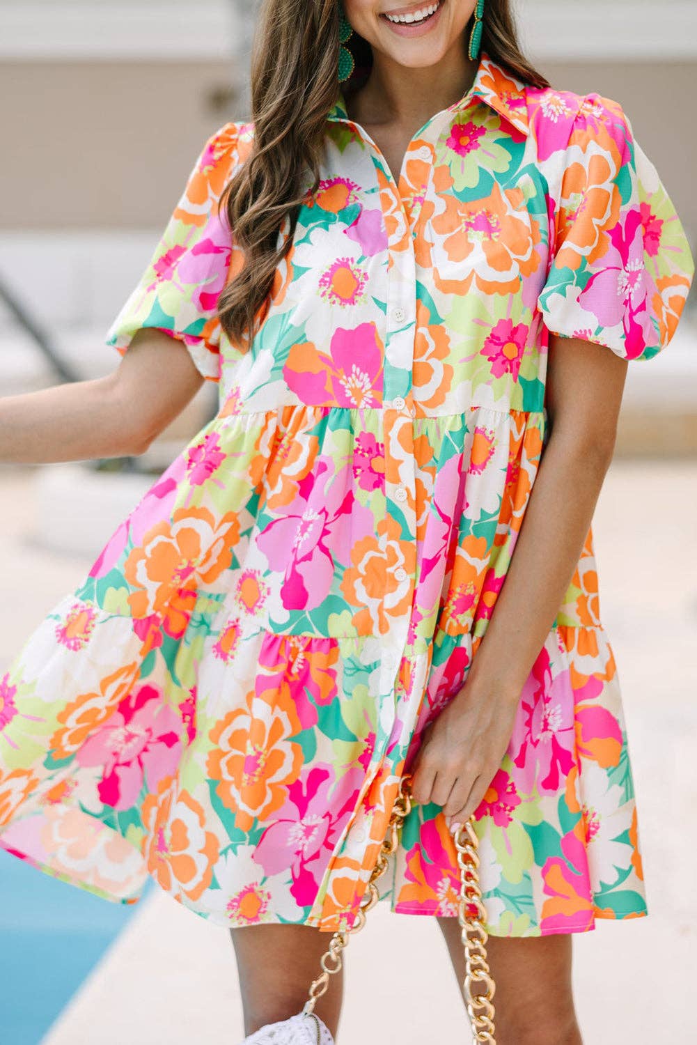 Floral Puff Sleeve Collar Buttoned Babydoll Dress: Green / 100%Polyester / L