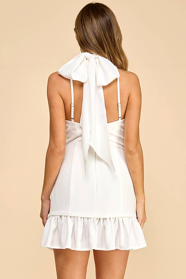 Halterneck Mini Dress with Ruffled Hem & Neck Tie Strap