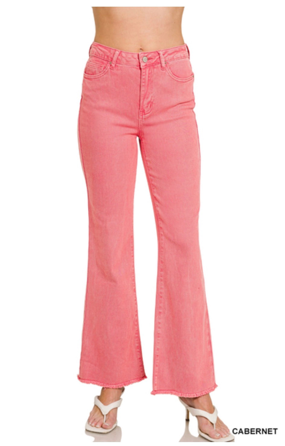 Acid Washed Frayed Cutoff Hem Straight Wide Pants-Cabernet