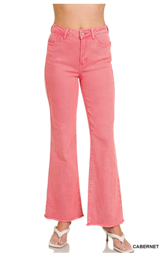 Acid Washed Frayed Cutoff Hem Straight Wide Pants-Cabernet