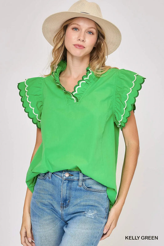 Scallop Trim Ruffle Sleeve Top