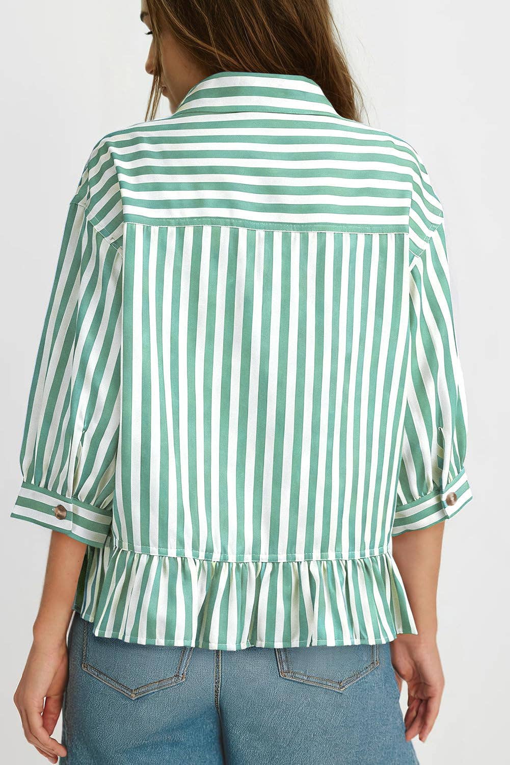 Striped Ruffle Hem 3/4 Sleeve Blouse