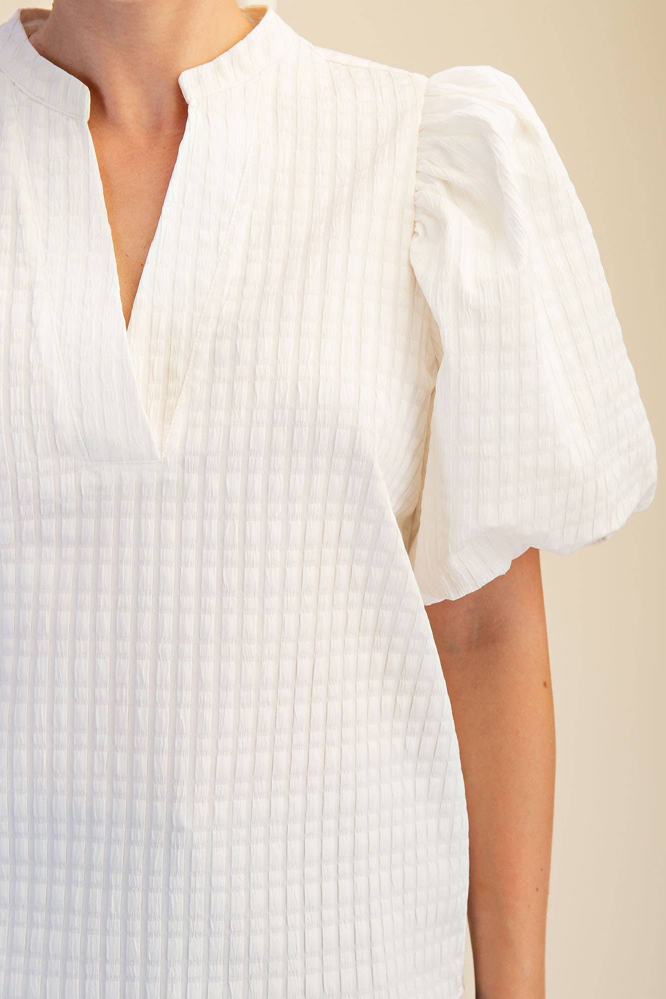 V-Neck Puff-Sleeve Textured Top