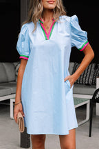 Contrast Striped V Neck Puff Sleeve Dress