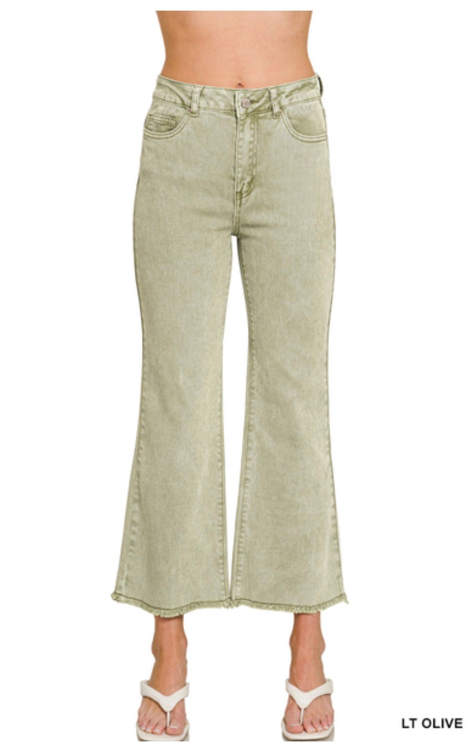 Acid Washed High Waist Frayed Hem Bootcut Pants-Light Olive