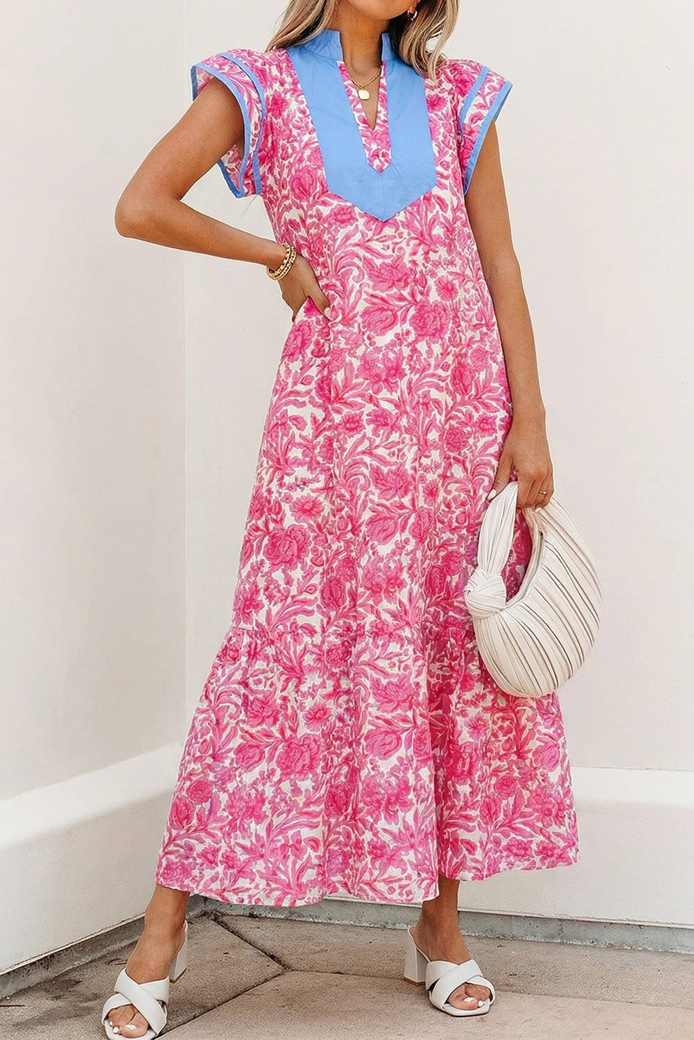 Pink V Neck Short Sleeve Midi Dress