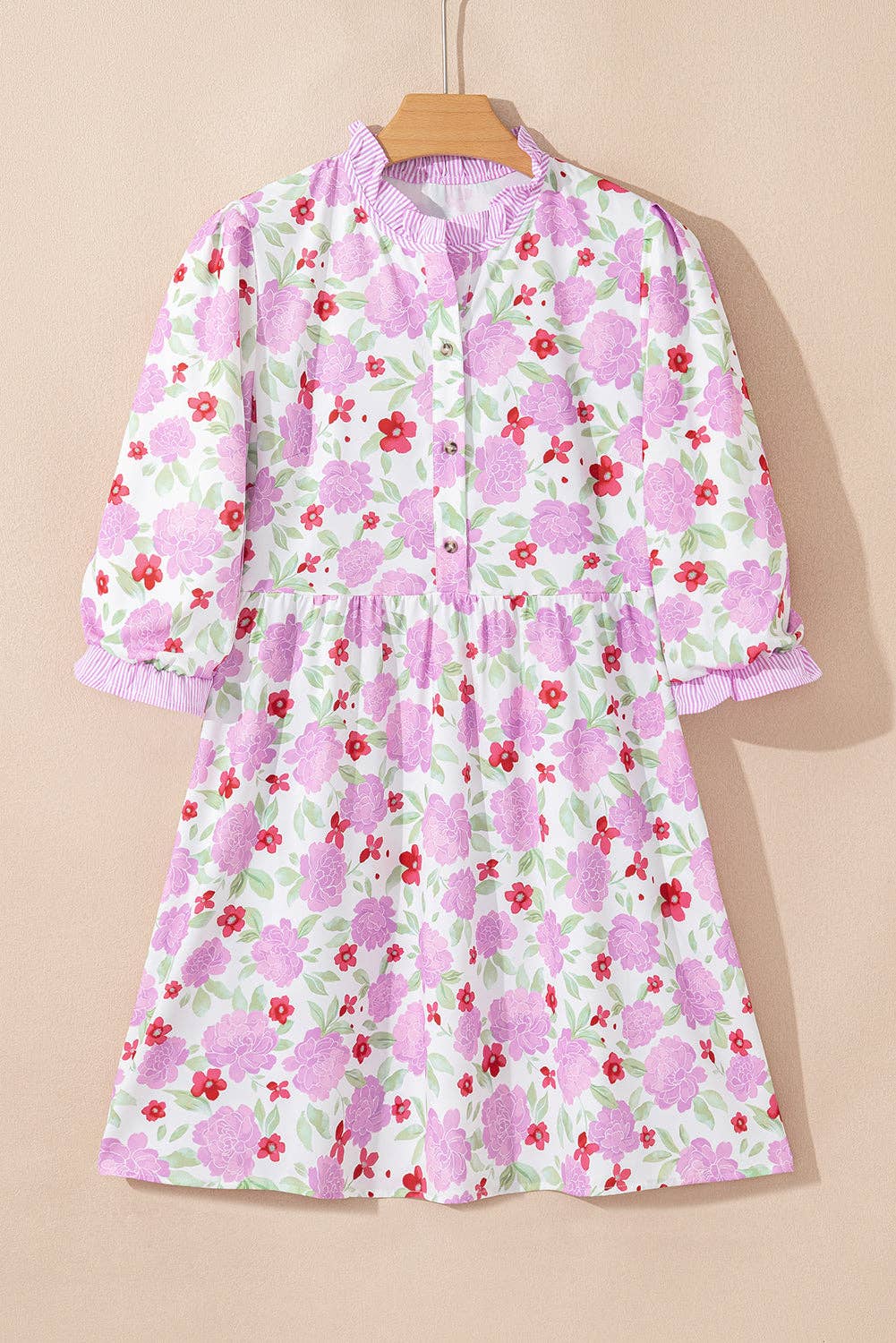 Pink Floral Print Striped Trim Frilled Dress