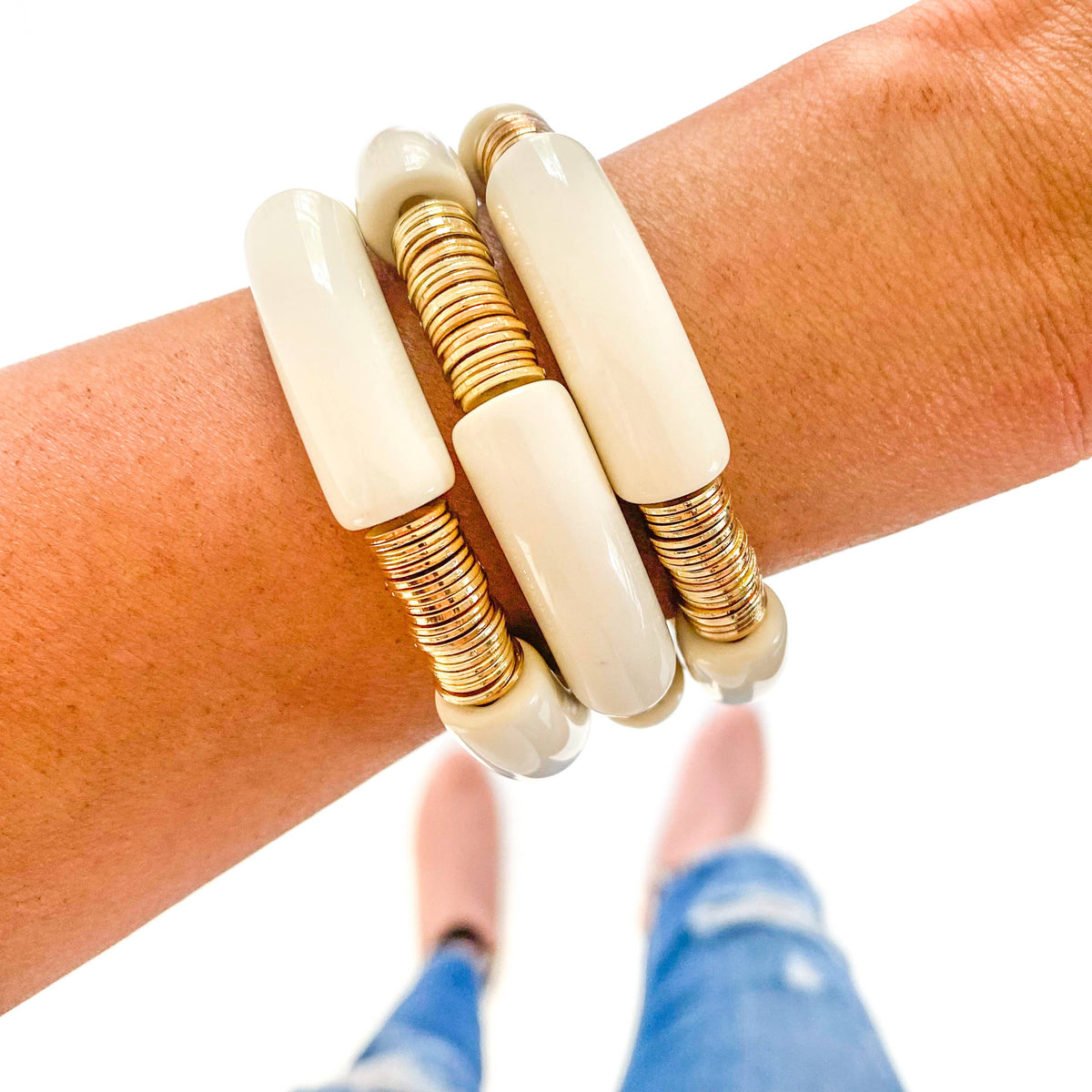 Ivory/Gold Acrylic Bamboo Bracelet