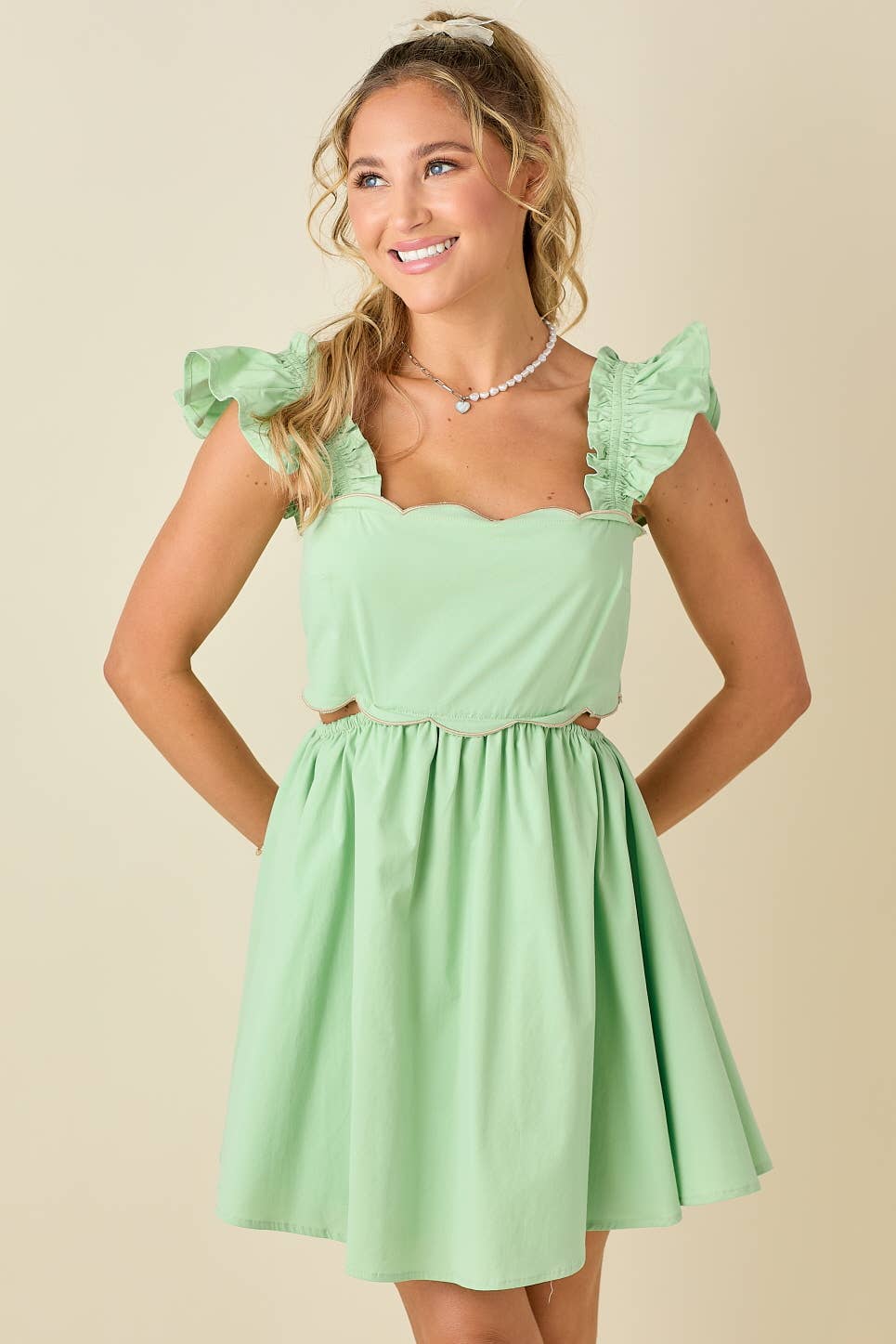 Scallop mini dress ruffled shoulder