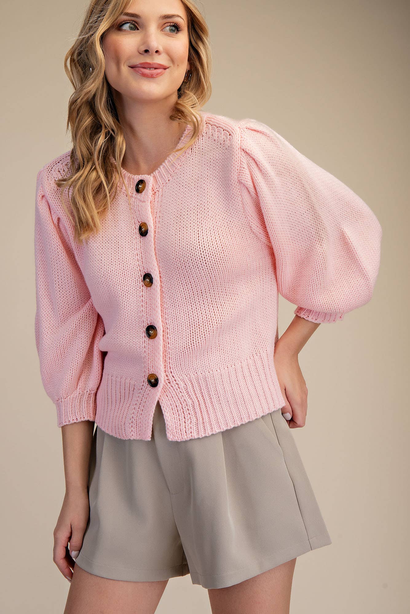 Short Puff Sleeve Button Down Sweater