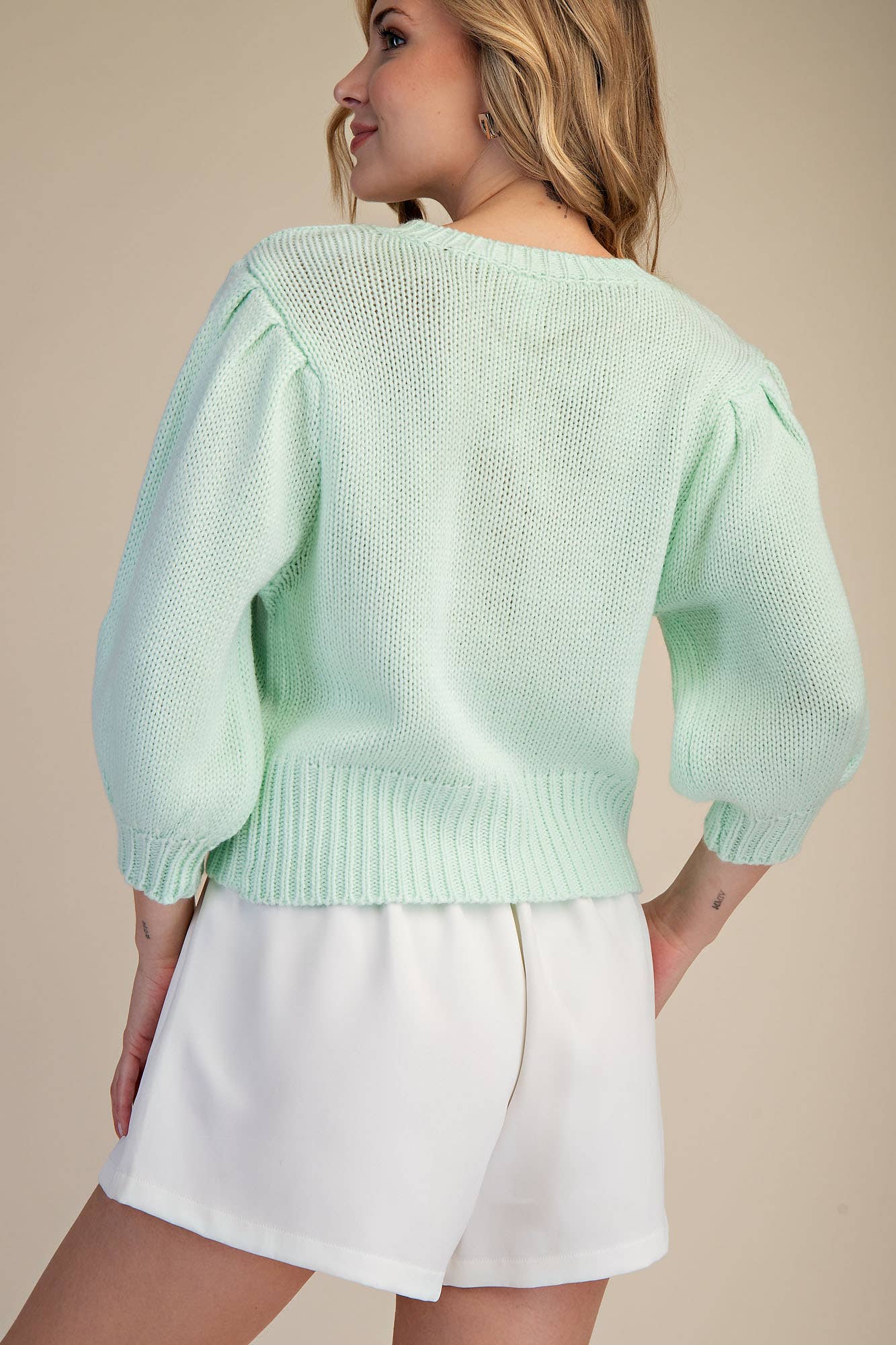 Short Puff Sleeve Button Down Sweater