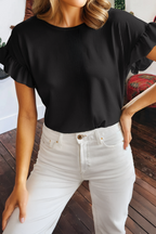 Black Ribbed Ruffled Short Sleeve