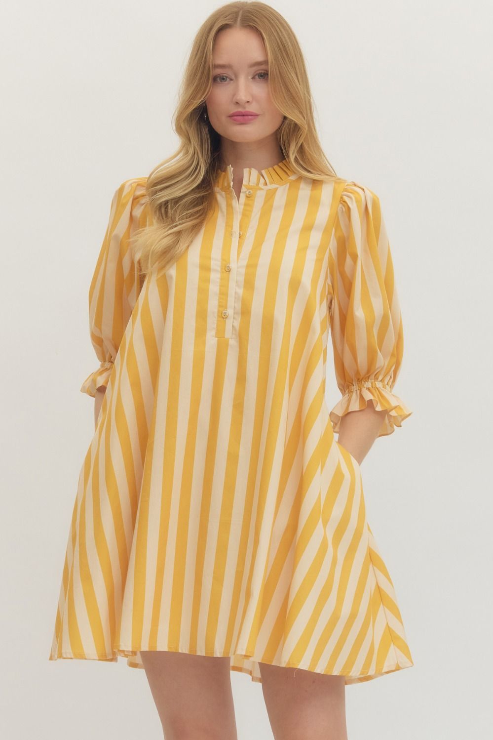 Striped 3/4 Puff Sleeve Dress- Gold