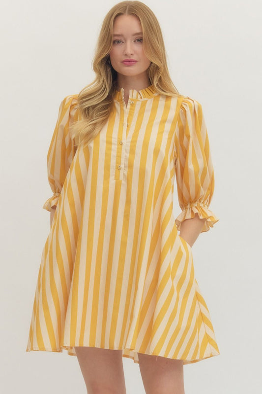 Striped 3/4 Puff Sleeve Dress- Gold