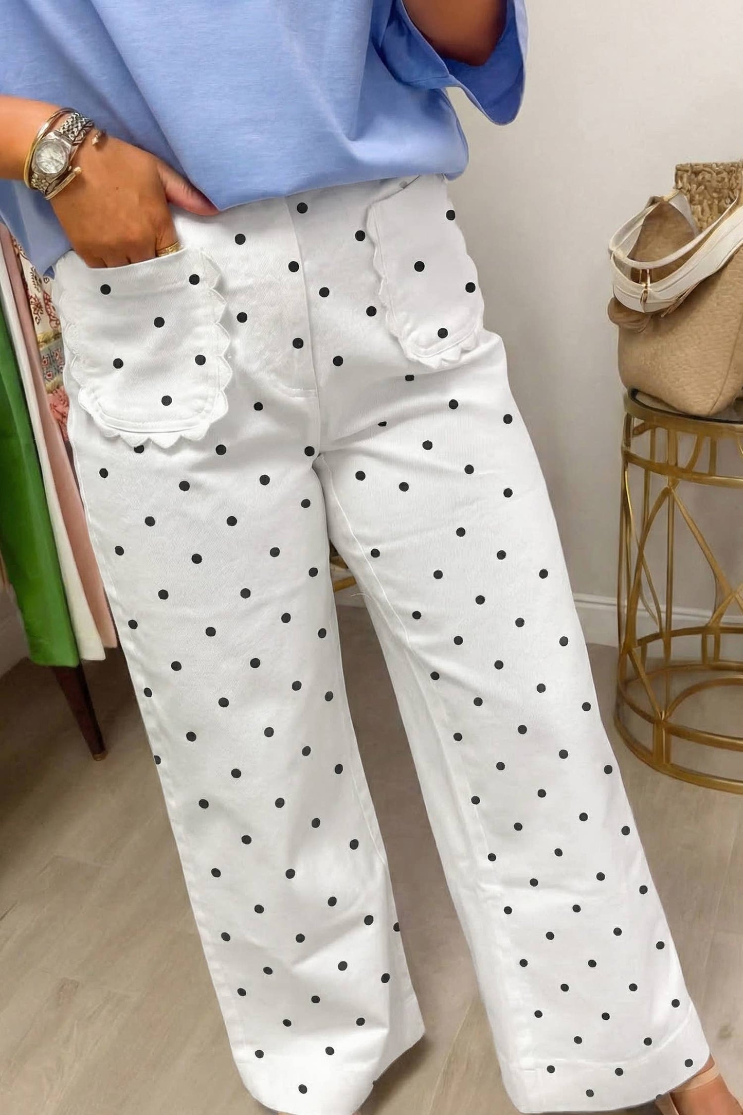 Polka Dot Scalloped Patch Pocket Pants