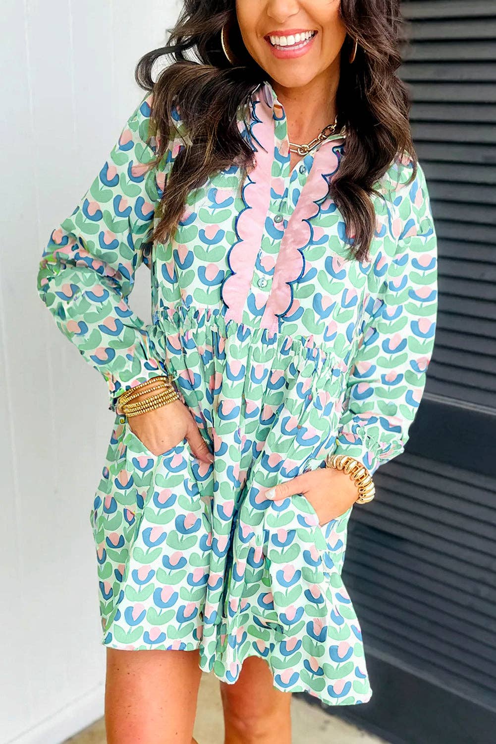 Green Floral  Scalloped Detail Long Sleeve Mini Dress