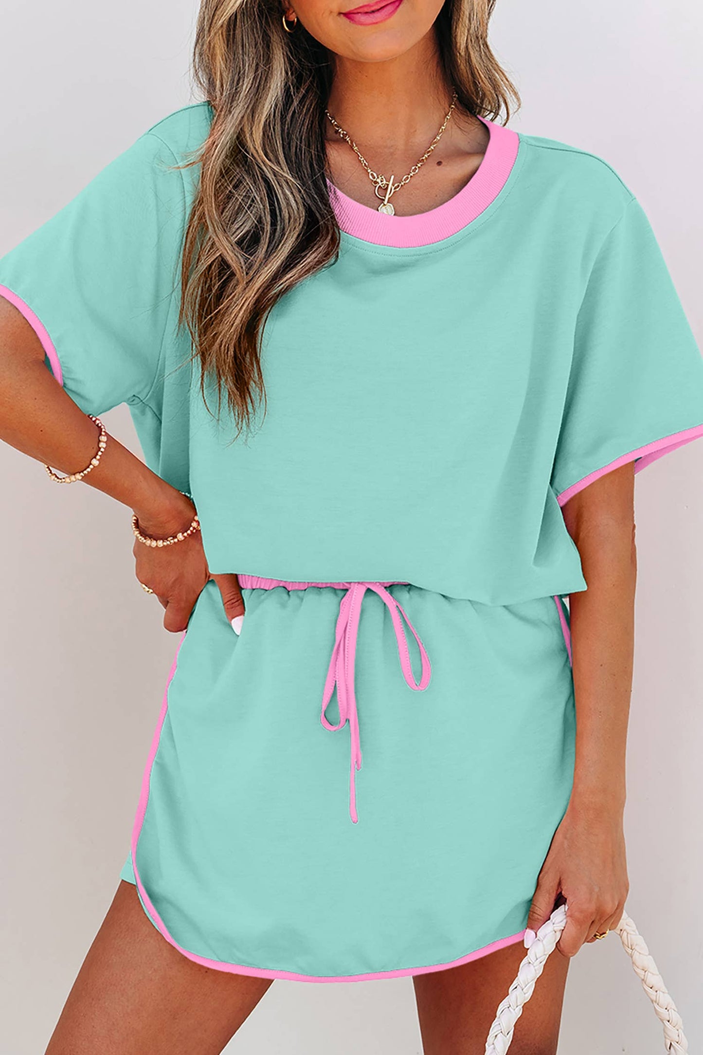 LDC Colorblock Edge Drop Shoulder T Shirt and Skirt 2Pcs Set