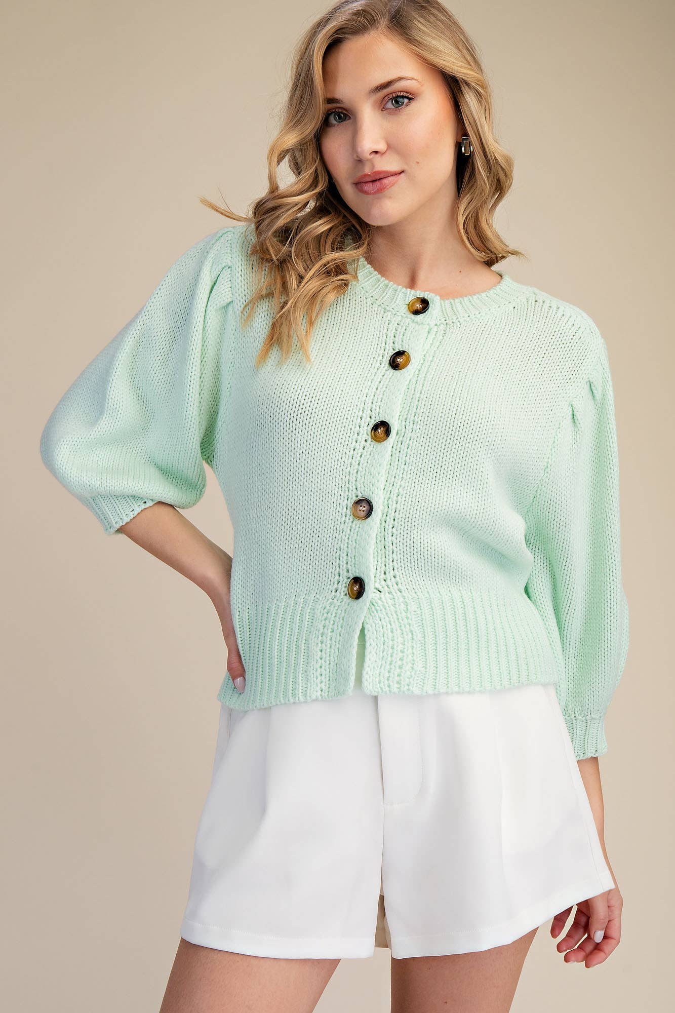 Short Puff Sleeve Button Down Sweater