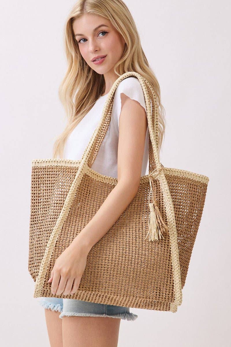 Island Escape Tan Two-Tone Woven Straw Tassel Tote
