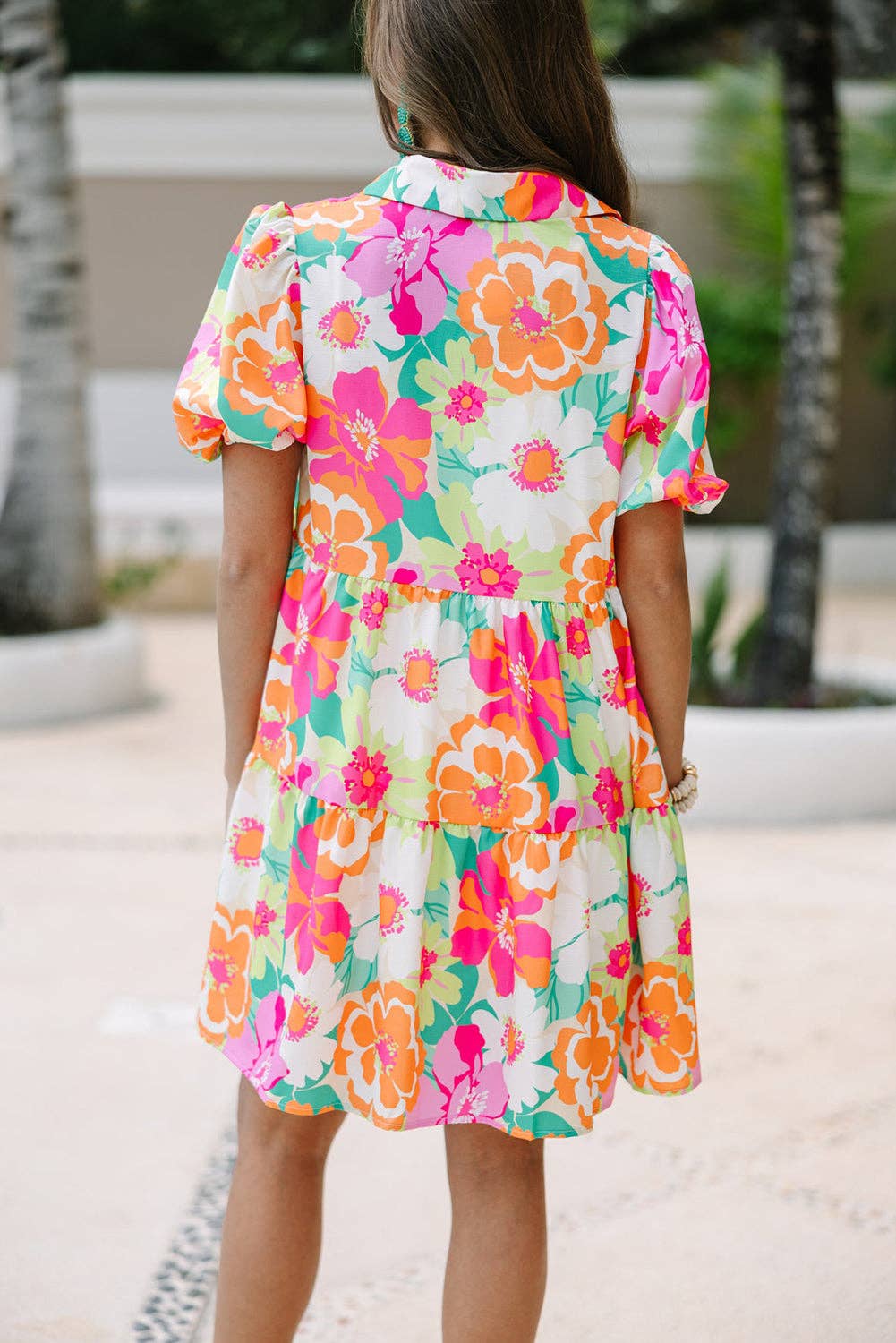 Floral Puff Sleeve Collar Buttoned Babydoll Dress: Green / 100%Polyester / S