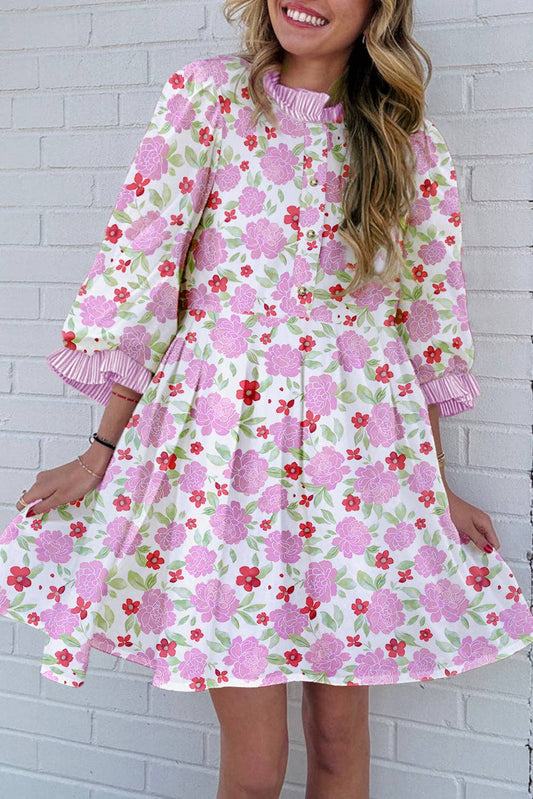 Pink Floral Print Striped Trim Frilled Dress