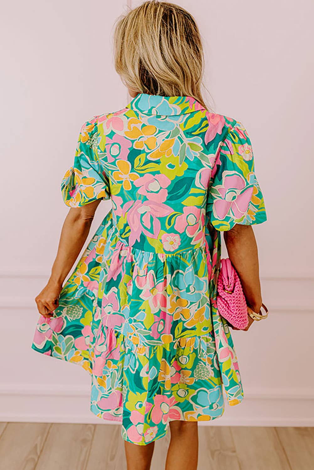 Floral Puff Sleeve Collar Buttoned Babydoll Dress: Pink / 100%Polyester / S